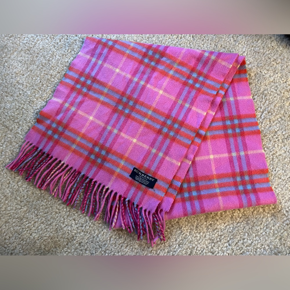 RARE COLOR BURBERRY CHECK PINK AND ORANGE CASHMERE SCARF